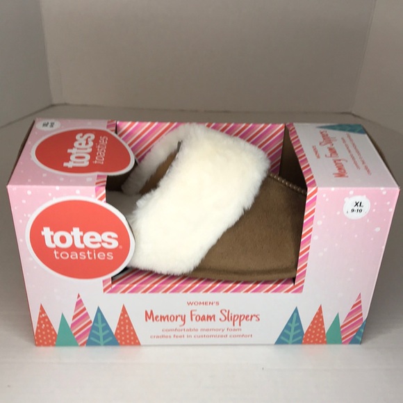 NIB TOTES TOASTIES SLIP ON SLIPPERS FAUX FUR TAN WOMENS XL 9-10 MEMORY FOAM - Picture 3 of 8